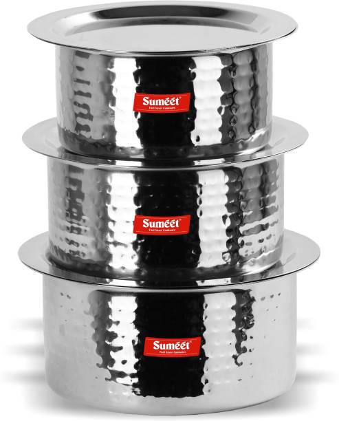 Sumeet Stainless Steel Handcrafted Hammered Texture 3 pc Induction & Stove Friendly Container Set / Tope / Cookware Set With Lids (Capacity -1.85 Ltr, 2.3 Ltr, 2.8 Ltr) Pot 22.8 cm diameter 6.95 L capacity with Lid