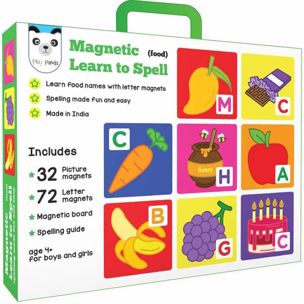 PLAY PANDA Magnetic Learn to Spell : Food with 32 Picture Magnets, 72 Letter Magnets, Magnetic Board and Spelling Guide