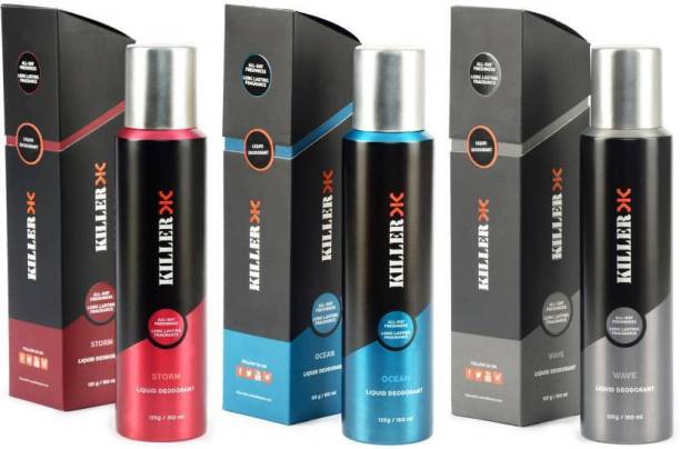 KILLER 3 Combo Pack Storm, Ocean, wave, All-Day Long Lasting Freshness 125G/150ml, Liquid Deodorant Spray  -  For Men
