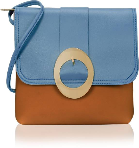 KLEIO Tan, Blue Sling Bag Double Color Faux Leather Side Sling Cross body Handbag For Girls / Women (Tan)