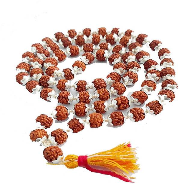 The Viyu Box Unisex 108 Beads 5 Face Lab Certified Rudraksh Mala with Silver Cappings, 6.50mm(Brown) Silver Plated Wood Necklace