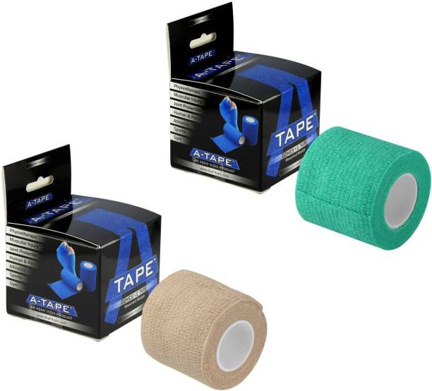 A-TAPE Self Adhesive Bandage Cohesive Green & Beige (5 cm X 4.5 meters, Pack of 2) Elastic Crepe Bandage Crepe Bandage