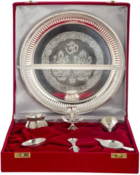 INTERNATIONAL GIFT Silver Pooja Thali Set with Beautiful Velvet Box Packing (25 cm, Silver) Brass