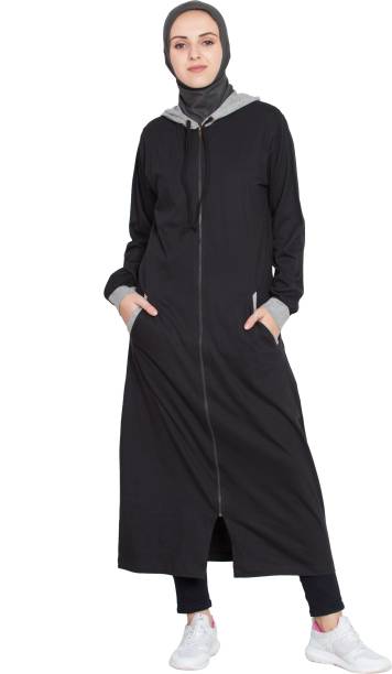 Nazneen NHF142Front open with hood Jersey Sports(M) Cotton Blend Solid Abaya