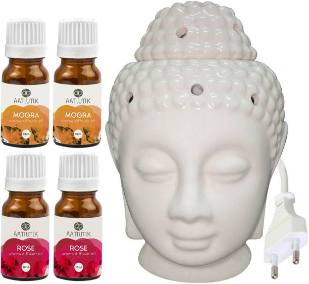 Aatiutik Mogra, Rose Aroma Diffuser Oil with Electric Ceramic Buddha Head (Made In India) Aroma Diffuser Set
