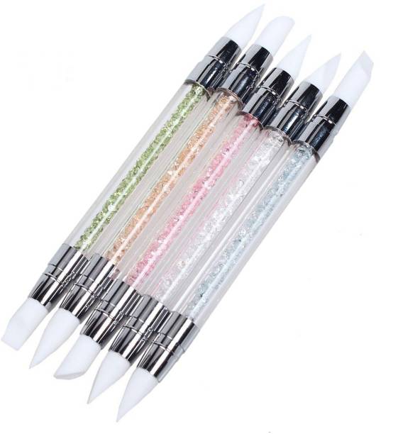Looks United 2 Way Silicone Head Acrylic Handle Nails Brush Carving Dotting Painting Pen ( Pack of 5 )