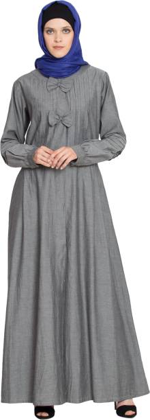 Nazneen NHF69 Pin tuck and Bow Front open Denim Grey(XL) Cotton Blend Solid Abaya