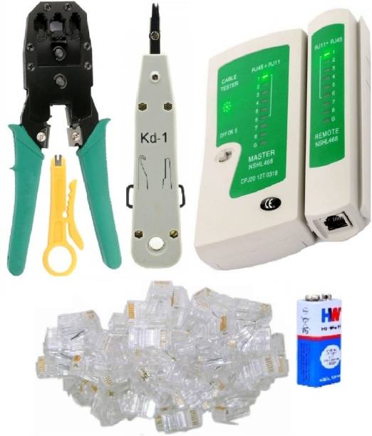 BALRAMA 55pc Combo Crimping Stripping Tool Kit with 3 in 1 Rj45 Rj11 Crimping Tool Oubao 4P 6P 8P Manual Crimper Modular Crimping Tool + Network Cable Cutter Wire Stripper + Networking LAN Cable Tester RJ45 / RJ11 / RJ12 / Cat5 + 6F22 9 Volt Battery + Krone Tool KD-1 Impact Punch Down Tool Push Telephone Insertion Socket Punch-Down and Punch Down Krone Tool + 50pc RJ45 Jack Connectors Modular Plugs for Cat5 Cat5e RJ45 RJ11 CCTV Camera Telephone Electric Wire Ethernet Network LAN ADSL Network Computer Maintenance Repair Tools Manual Hydraulic Crimper