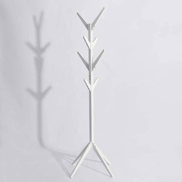 HOUSE OF QUIRK Free Standing Bamboo Tree Shaped Display Coat Rack Hanger Stand with 4 Tiers 8 Hooks and Solid Feet for Clothes Scarves and Hats - Bamboo White Solid Wood Coat and Umbrella Stand