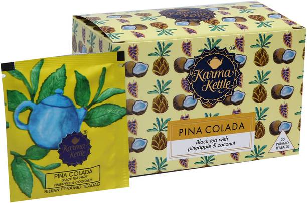 Karma Kettle Pina Colada Tea, Black tea with pineapple, coconut , 20 Pyramid Tea bags Coconut, Pineapple Black Tea Box