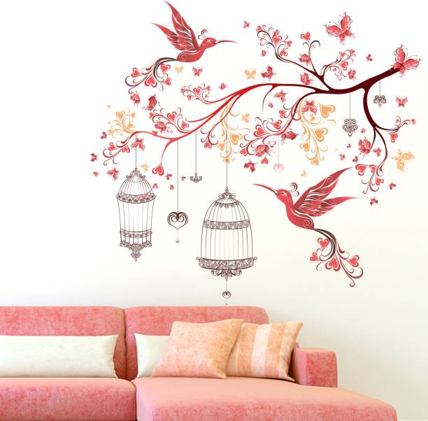Flipkart SmartBuy Wall Floral Branch Red Birds Butterflies & Lamps For Bedroom Extra Large Self Adhesive Sticker