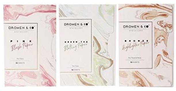 Dromen & Co Pink Blush Paper, Green Tea Blotting Paper & Bronze Highlighter paper Combo Makeup Remover