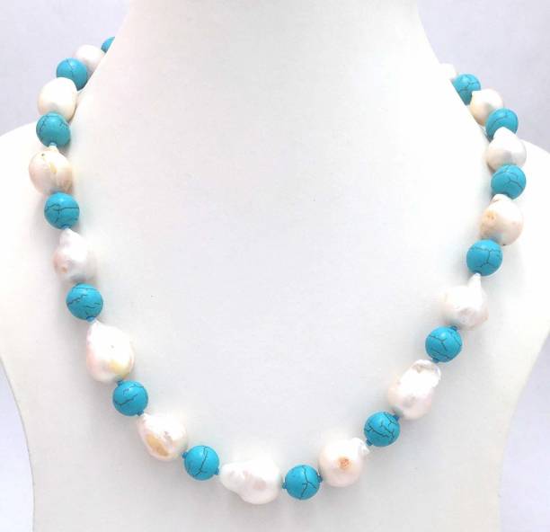 GemsGallery Gemstone Baroque Pearl And Turquoise Necklace Mala Pearl Crystal Necklace