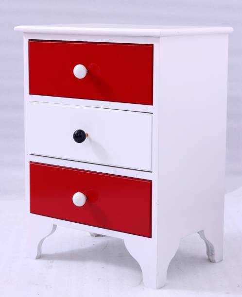 Allie Wood Wooden Bedside End Table with 3 Drawer for Living Room (Red and White) Engineered Wood Bedside Table