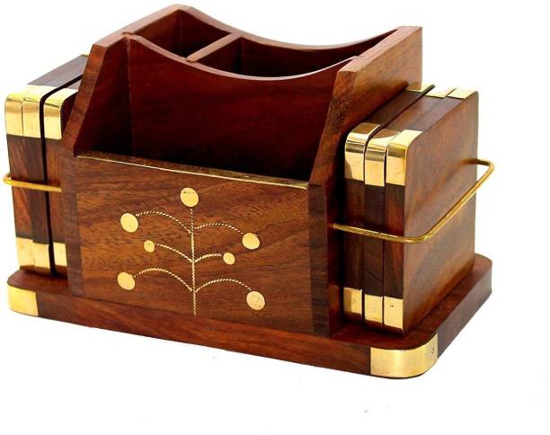 WoodCart 3 Compartments H@ndmade Wooden Desk Organizer, Wooden Tea Coaster/ Coasters Set of 6, Pen Stand, Business Card Holder With Brass Work Office Table Accessories Office Set