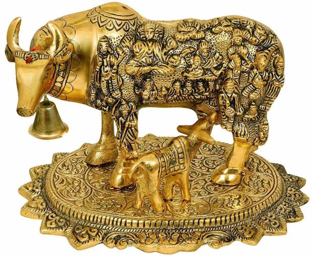 DreamKraft Metal Gold Elegant Kamdhenu Cow and Calf Statue for Home Decor Decorative Showpiece  -  24 cm