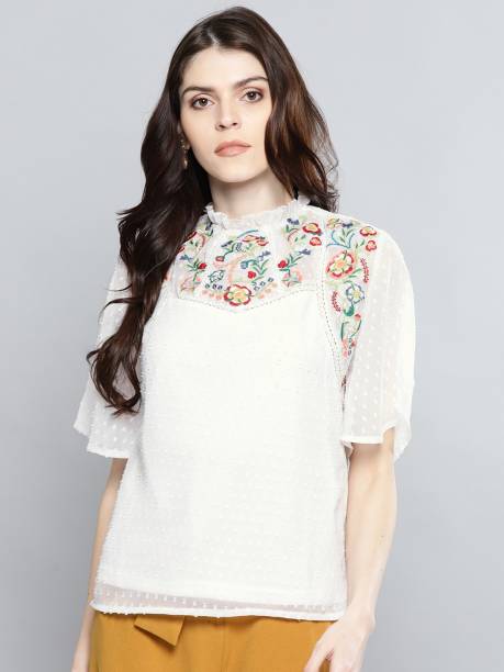 HARPA Casual Flared Sleeve Embroidered Women White Top