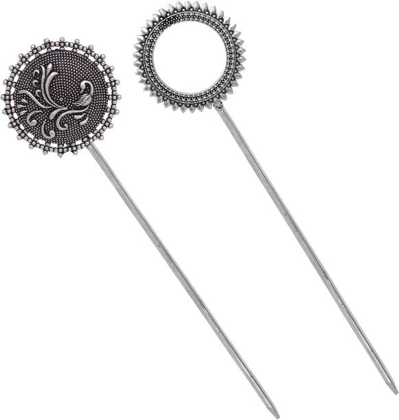 V L IMPEX Oxidised Metal Handmade Multicolor Juda Pin/Juda Stick Set For Women Bun Stick