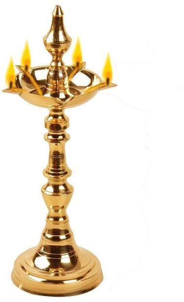 SHRI ANAND Pure Brass Original Traditional South Fancy Kerela Samay Diya Oil Diwali Puja Lamp, Kuthuvilakku Golden Kuthu Vilakku Ornamental Lamp Brass Table Diya