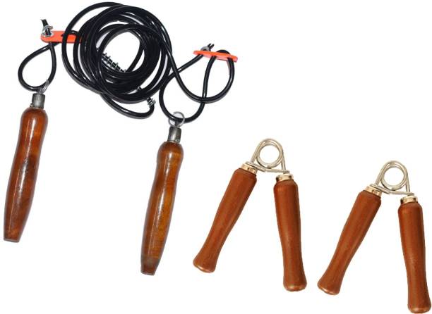 Proactive Sports & Fitness Premium Finish Teak Wood Rope with Rope Length Adjuster & 2pcs. Handgrip Fitness Accessory Kit Kit