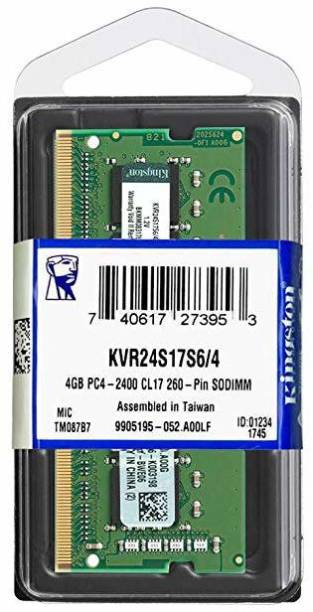 KINGSTON DDR4 2400Mhz laptop Ram DDR4 4 GB (Single Channel) Laptop (KVR24S17S6/4 , 1Rx16 PC4-19200 260-Pin SODIMM)