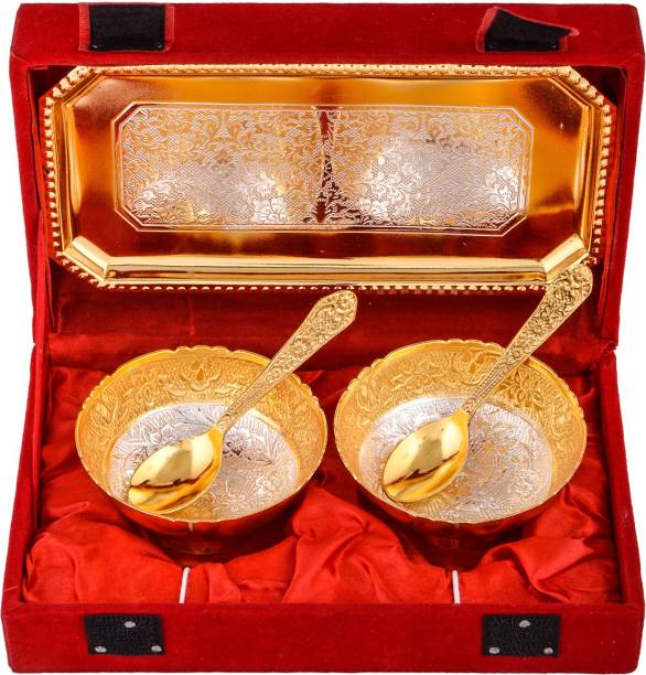 Shreeng Silver & Gold Plated 2 Mini Flower Bowl With Spoon With Tray Brass Decorative Platter