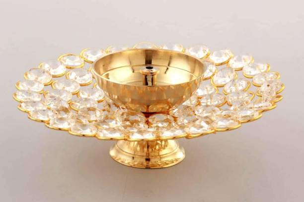 CraftVatika Crystal Akhand Diya Oil Puja Lamp Decorative Round for Home Office Gifts Pooja Articles Decor Brass, Crystal Table Diya