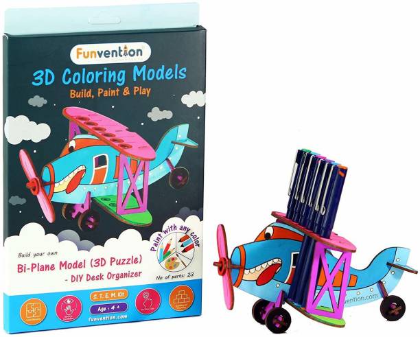 FUNVENTION Bi-Plane - 3D Coloring Model - DIY Desk Organizer Pen Stand - STEM Leanring 3D Puzzle Toy - Art, Coloring and Painting Kit for Kids - Birthday Return Gift,3D Mechanical Do IT Yourself Toy