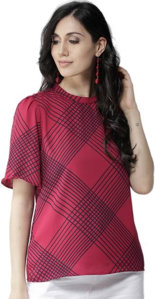 Style Quotient Casual 3/4 Sleeve Checkered Women Pink Top
