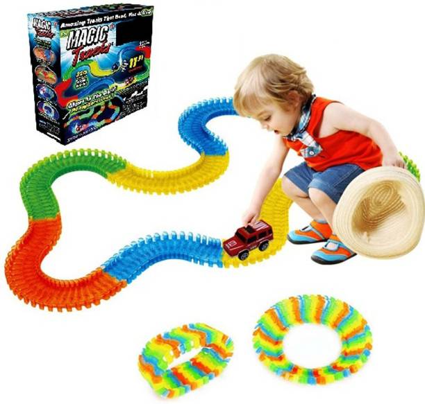 B I S W A S Magic Track Toys for Kids Bend Flex and Glow with LED Lights |As Seen on TV|220-Piece Glow-in-The-Dark Racetrack with A SUV Car|Multicolor