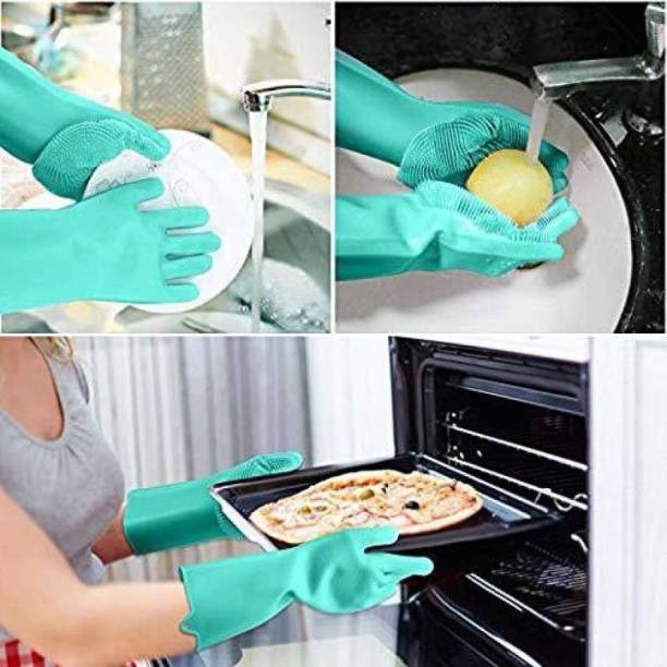 NIKNATS Silicone Kitchen Magic Gloves for Dishwashing Rubber Dish Washing with Brush Cleaning Scrubber – 1 Pair (Random Multicolour) Wet and Dry Glove