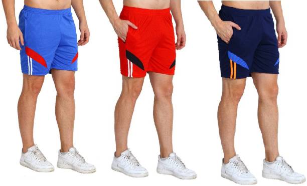 Pack of 3 Solid Men Dark Blue, Light Blue, Red Gym Shorts Price in India