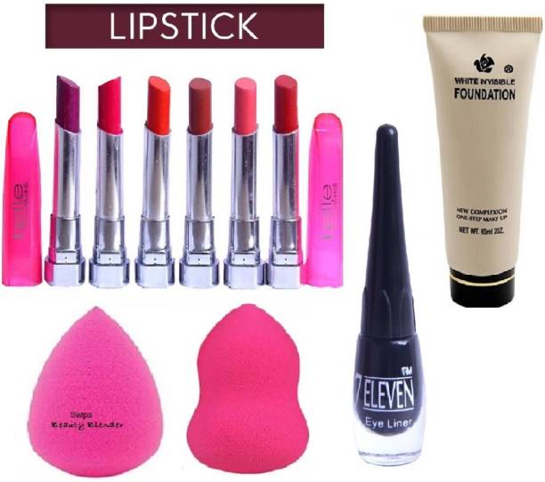 SWIPA Moisturizing Lipstick(Pack Of-6)+Eyeliner+2Pcs Puff+Foundation