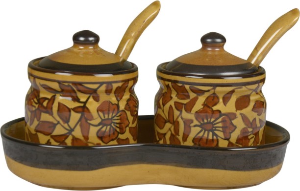India Handicrafts Ceramic Condiment Set with Spoon and Lid