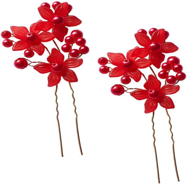 AROOMAN Juda Pins For Bridal And Girls Wedding Wear Use, Juda Pin Hair Decoration Accessories For Women/Girls Red (Set Of 2) Back Pin