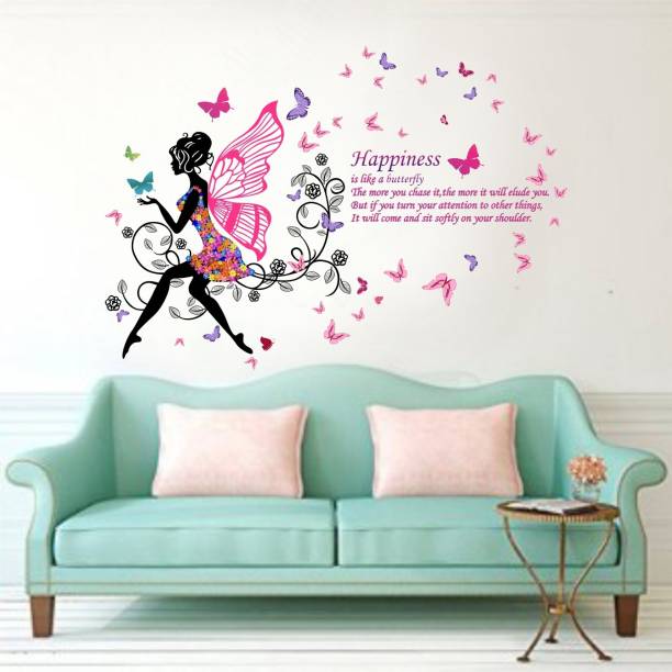 Decal O Decal 80 cm ' Happiness Is Like a Butterfly Quotes' Wall Stickers (PVC Vinyl,Multicolour) Self Adhesive Sticker