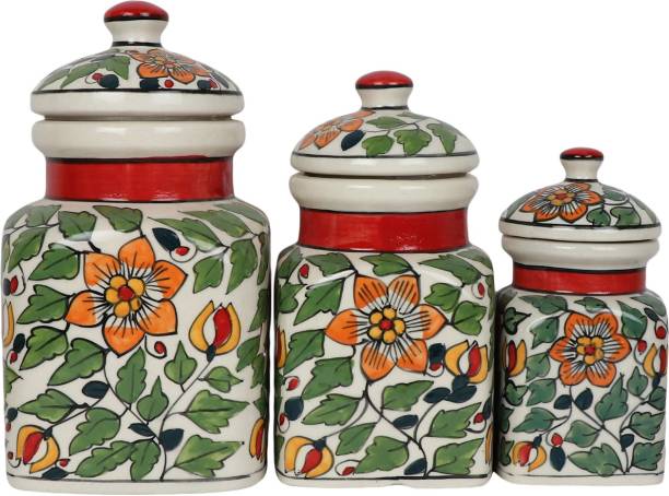CRaFTghar Ceramic Set of 3 Kitchen storage Airtight Pickle Jars with lids in Vintage Pickle Container Set perfect for Home and Dinning Kitchen 3 Piece Spice Set
