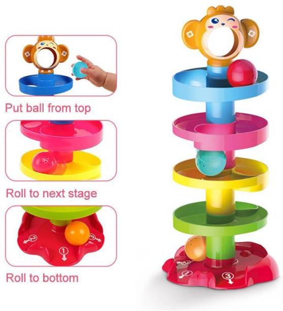 JVTS INT Roll n Swirl Ball Ramp Drop Toys Throwball Roll n Swirl Ball Ramp Drop Toys 5-tier multi-colored ball ramp includes 3 spinning activity balls. Throwball