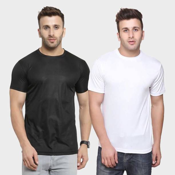 Pack of 2 Men Solid Round Neck White, Black T-Shirt Price in India