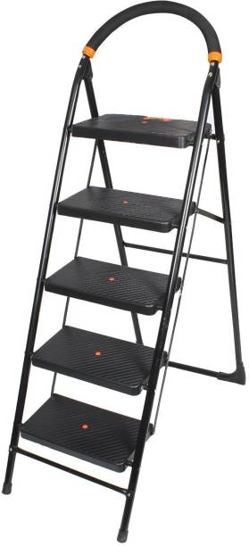 Branco Premium Heavy Foldable Milano 5 Steps Ladder with Wide Steps & Anti-Skid Shoes - Black Steel Ladder (With Platform, Hand Rail) Steel, Plastic Ladder