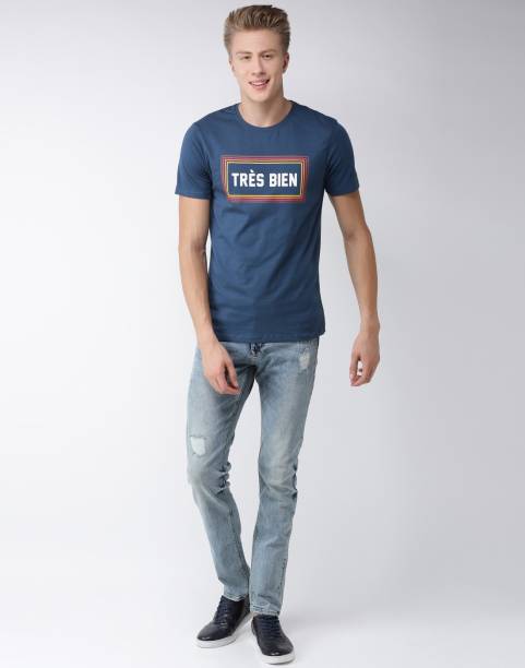 Celio Printed Men Round Neck Blue T-Shirt