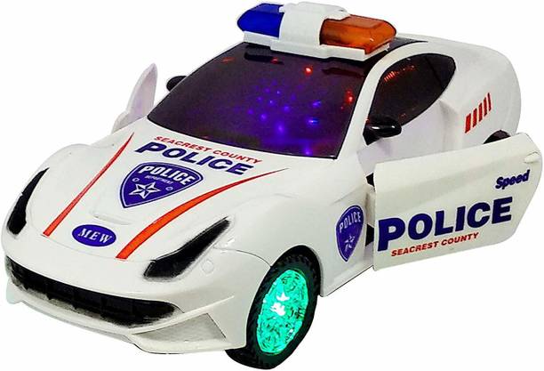 GoodsNet Bump & Go 3D Lights Police car with Sound and Lights on Wheel for Kids (White)