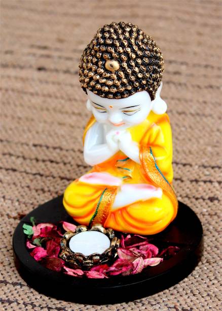 Craft Junction Handcrafted Little Baby Monk With Tealight holder and Wooden Base Polyresin 1 - Cup Tealight Holder Set