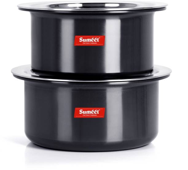 Sumeet 3mm Thick Hard Anodised Tope Set of 2 Pc with S.S. Lid Size No. 12 (1.8 Ltr), No.13 (2.3 Ltr) Tope Set with Lid 2.3 L capacity 21.25 cm diameter