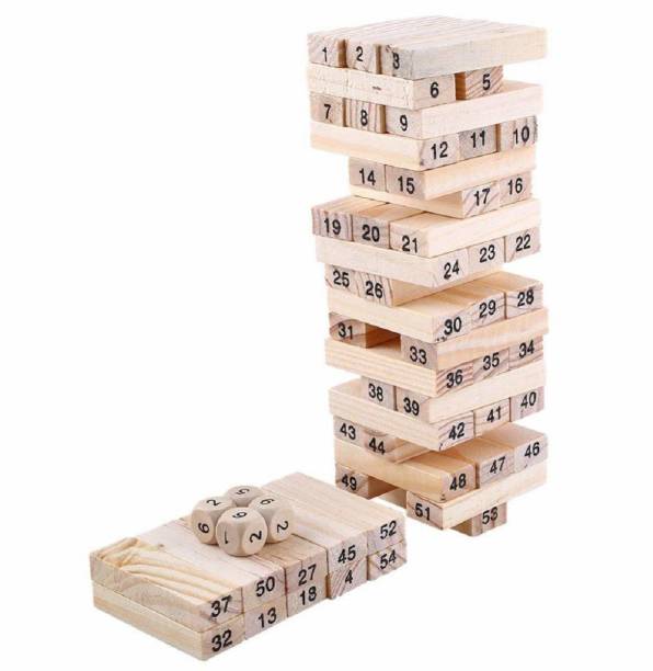 SPEEDYZONE Jenga Tumbling Tower Numbered Wooden Blocks, 51 Pieces Block Stacking Game with 4 Dices