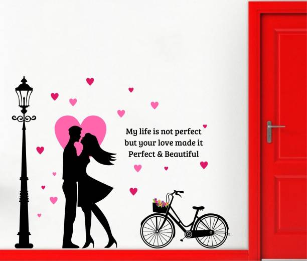 Decal O Decal Love Couple with Street Lamp and Cycle Wall Stickers (PVC Vinyl,Multicolour) Large Self Adhesive Sticker