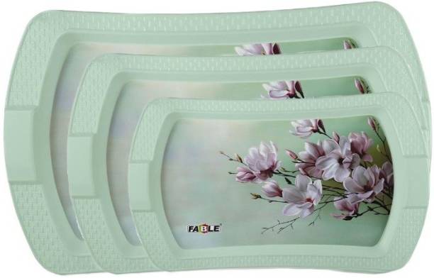 FABLE Printed Serving Tray Set with Rectangular Shape, Green, Pack of 3 Pcs. Tray Tray