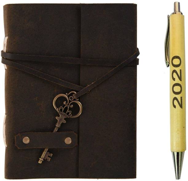 Rjkart Leather Handmade Antique Key Lock Diary With New year 2020 Pen A5 Diary unruled 200 Pages