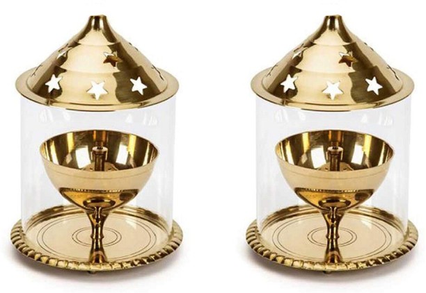 Handmade Indian Puja Brass Oil Lamp 11.4 x 3.6 x 5.1 CM Set of 6 Diya Wick Lamp Night Light Candle 