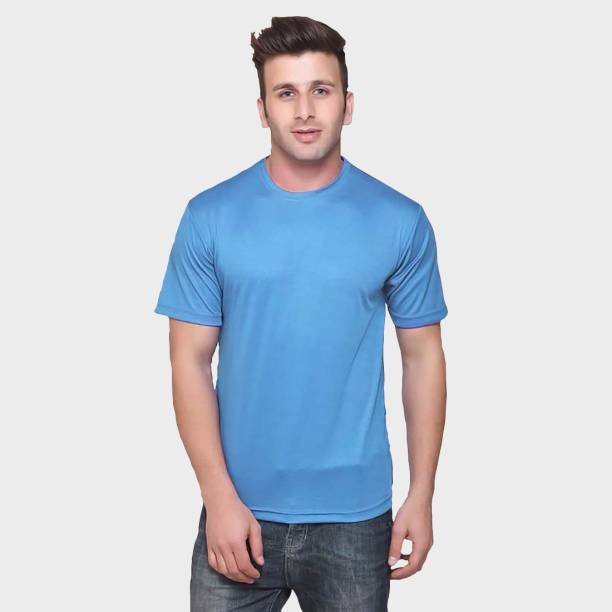 TQH Men Dri Fit Polyester Half Sleeve Round Neck Sky Blue t shirts Men Solid Round Neck Blue T-Shirt Price in India
